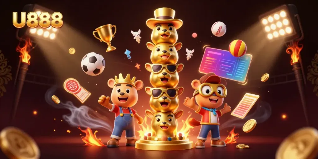 U888 showcases a vibrant 3D casino scene with dynamic sports betting elements and a golden totem.