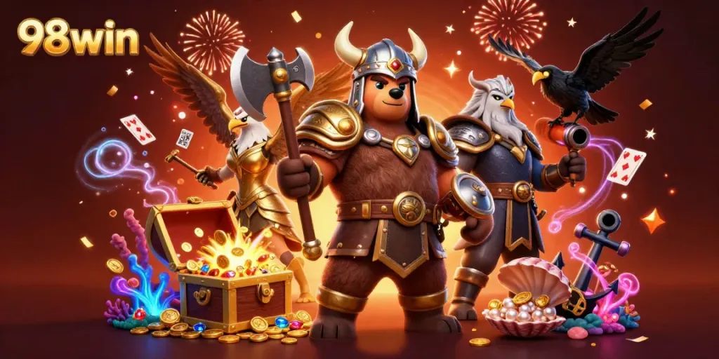 Engage with the exciting 98win experience in this vibrant illustration showcasing Viking and fantasy elements.