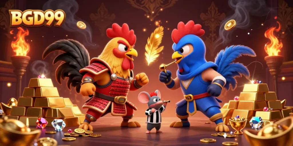 Experience thrilling BGD99 cockfighting in this vibrant 3D illustration with dynamic gold elements.