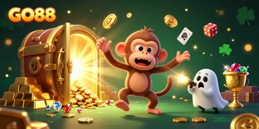 Capture thrilling action at GO88, where a mischievous monkey juggles golden treasures in a haunted casino.