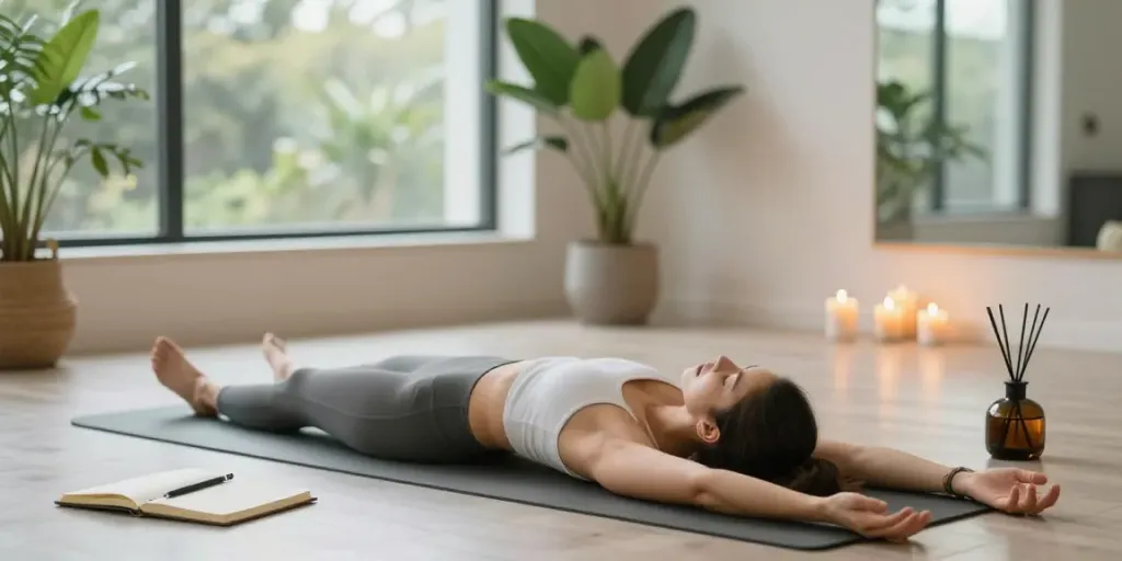 Woman practicing mindfulness in a wellness studio showcasing the essence of pornholistic.