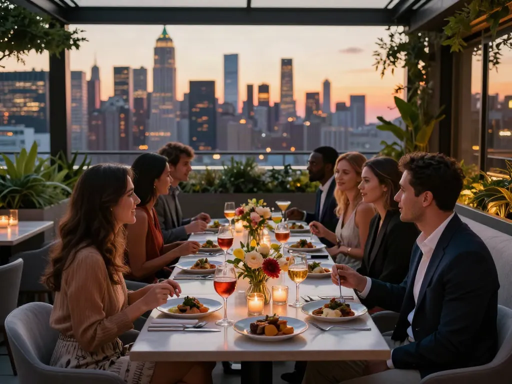 NoHu rooftop restaurant scene with guests dining elegantly against NYC sunset.