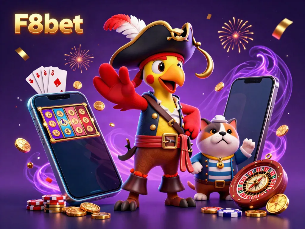 Experience the thrill of F8bet with a vibrant 3D illustration of gaming characters and casino elements.