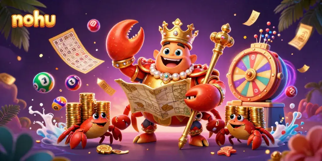 Experience thrilling nohu gaming in a vibrant 3D illustration featuring a crab emperor and lottery elements.