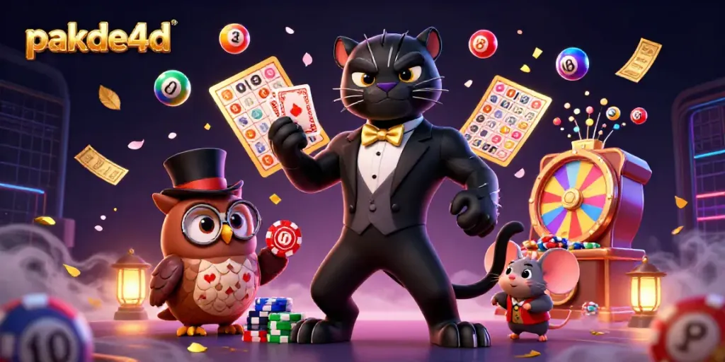Pakde4d menyajikan ilustrasi 3D kartun yang menampilkan panther hitam, burung hantu, dan tikus beruntung dalam suasana kasino