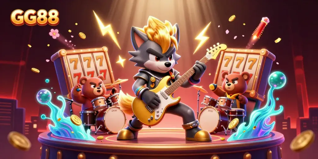 Experience the excitement of GG88 with dynamic slot theme elements, featuring a rock star wolf shredding on stage.