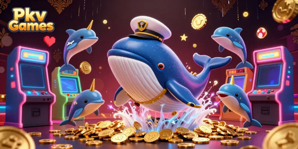 Experience excitement with Pkv Games, featuring captivating whales, dolphins, and poker elements.