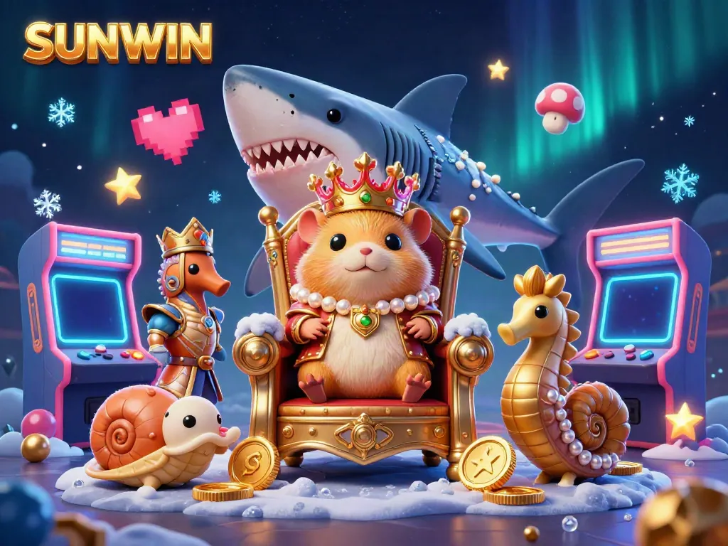 SUNWIN captivates players with a dynamic gaming scene featuring a golden hamster king and arcade elements.