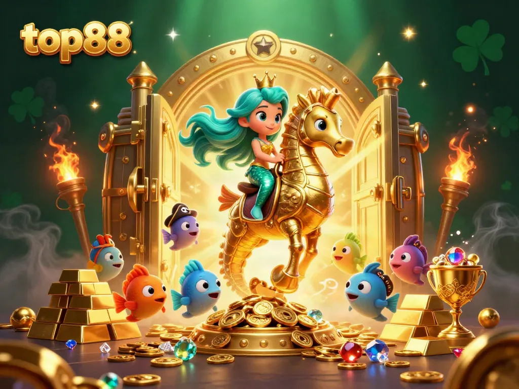 Win big with top88 in a vibrant, underwater-themed casino adventure illustration.