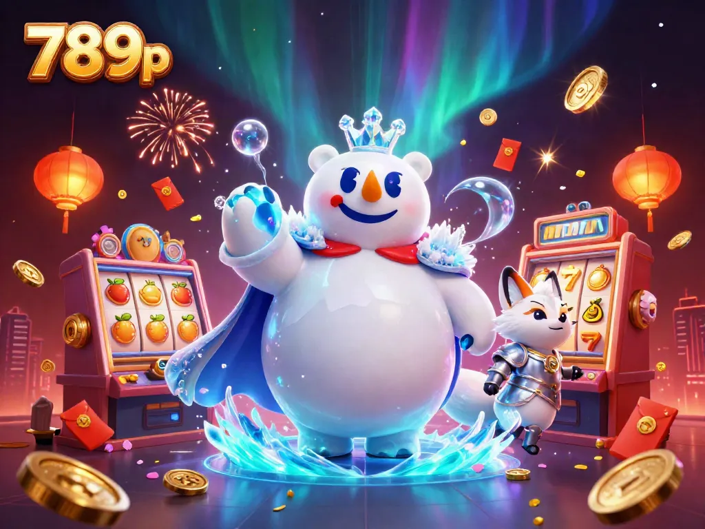 Engage in thrilling slots at 789p with a vibrant scene featuring a whimsical ice king and fox amidst sparkling casino elements.