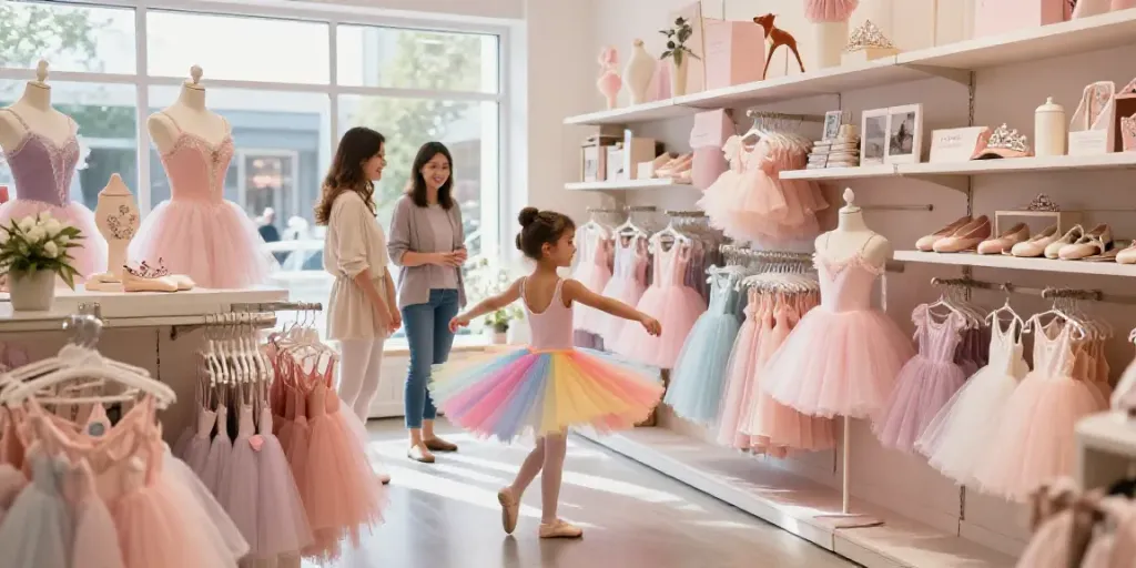 Joyful girl in a colorful tutu at a tutu store, surrounded by dancewear.