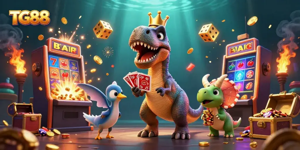 TG88 captures a vibrant casino scene with a playful T-Rex, pterodactyl, and triceratops amidst slot machine excitement.