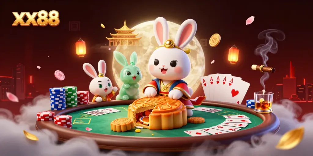 Experience the excitement of xx88 with a vibrant scene of cinematic casino action featuring a moon rabbit.