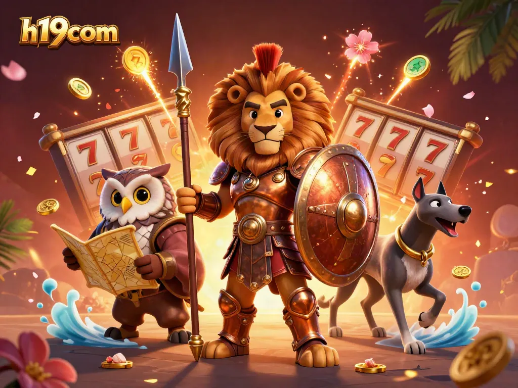 Play the thrilling games at h19com with a 3D Spartan lion, owl, and greyhound amidst vibrant slot action.