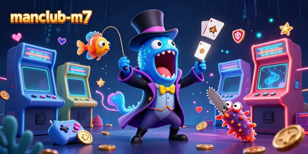 Engage with manclub-m7's vibrant casino scene featuring magical gaming elements and luminous marine characters.