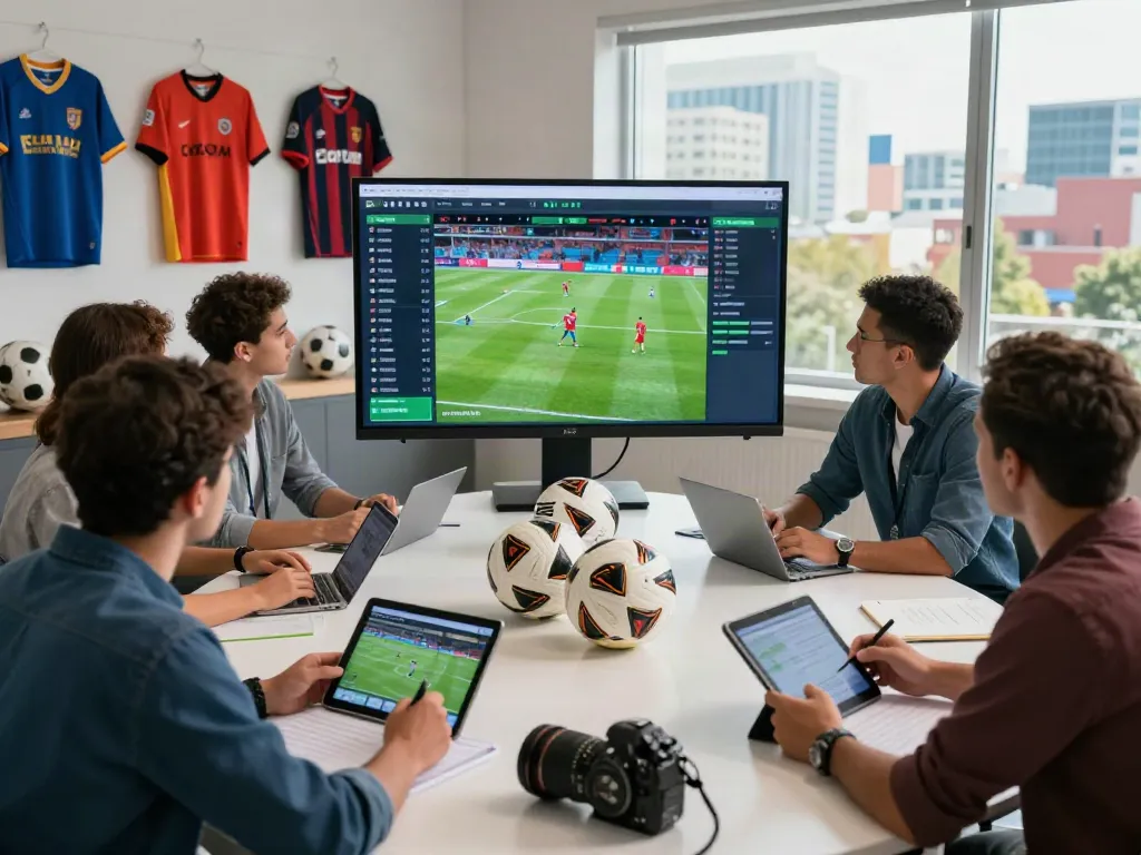TOP10FOOTBALL analysis scene with diverse analysts examining player statistics on a touchscreen in a modern setting.