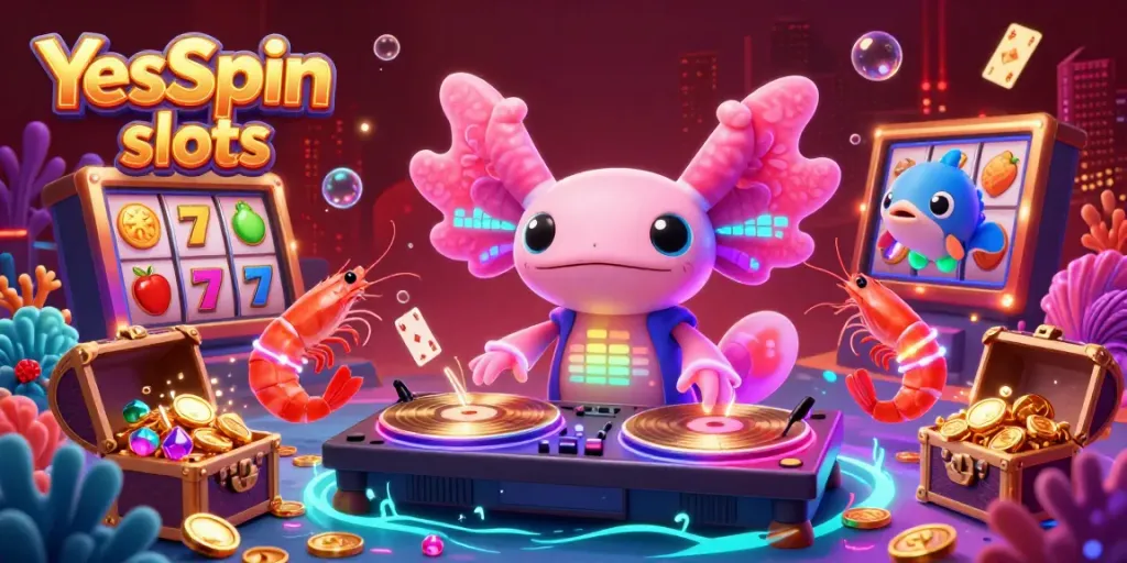 Spin and win with YesSpin slots in a vibrant underwater casino scene featuring a DJ axolotl and dancing shrimp.