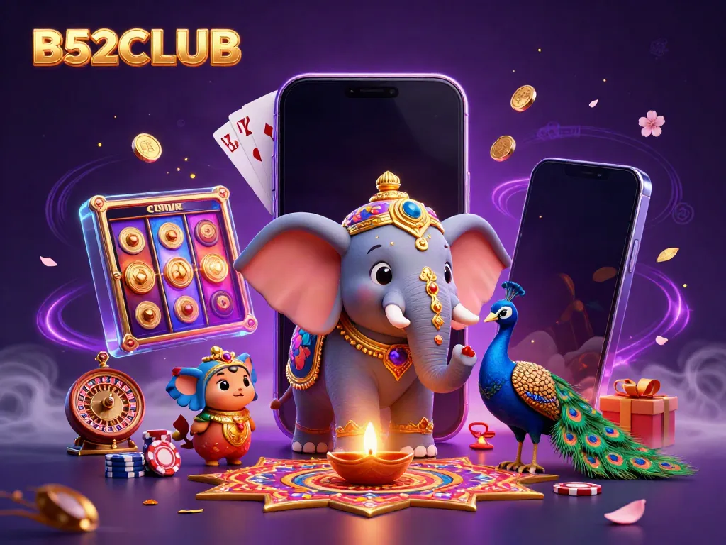 B52CLUB captures the excitement of casino gaming with a vibrant 3D elephant and peacock illustration.
