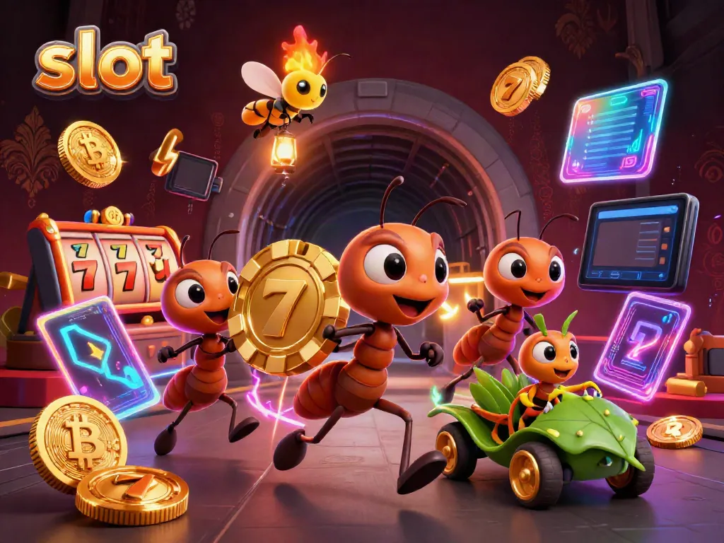Engage with slot adventures featuring ants carrying a giant poker chip, illuminated by neon Bitcoin and Ethereum coins.