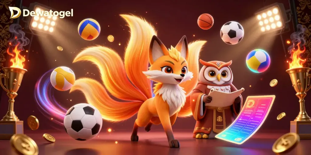 Dewatogel showcases an enchanting 3D fox spirit and wise owl in a vibrant casino scene filled with dynamic sports elements.