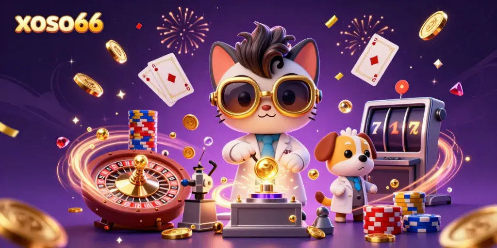 Join the fun at xoso66 while the mad scientist cat and assistant create winning moments in a vibrant casino setting.