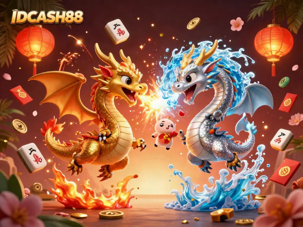 Experience thrilling gameplay with IDCASH88 featuring twin dragons in a vibrant, casino-themed illustration.