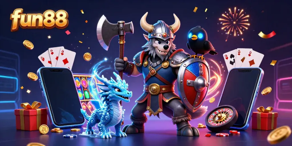 Experience the thrill of fun88 with Viking warriors and dragons amidst vibrant casino elements.