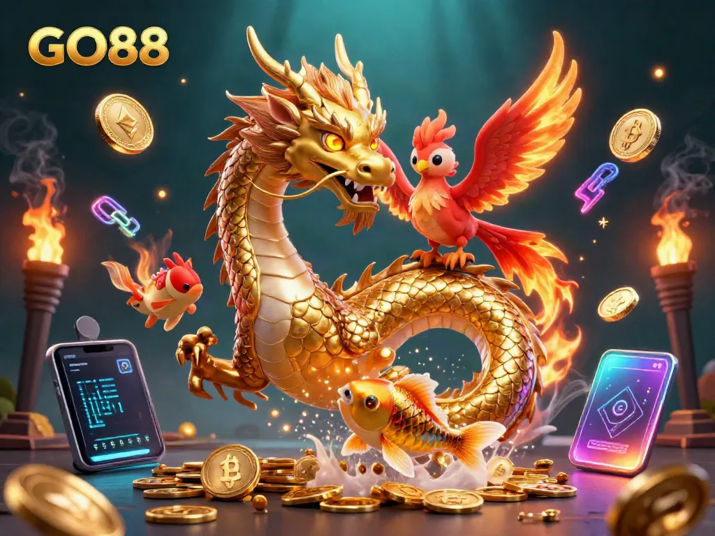 Engage with GO88 by spinning golden dragons and swimming koi fish in a vibrant casino scene.