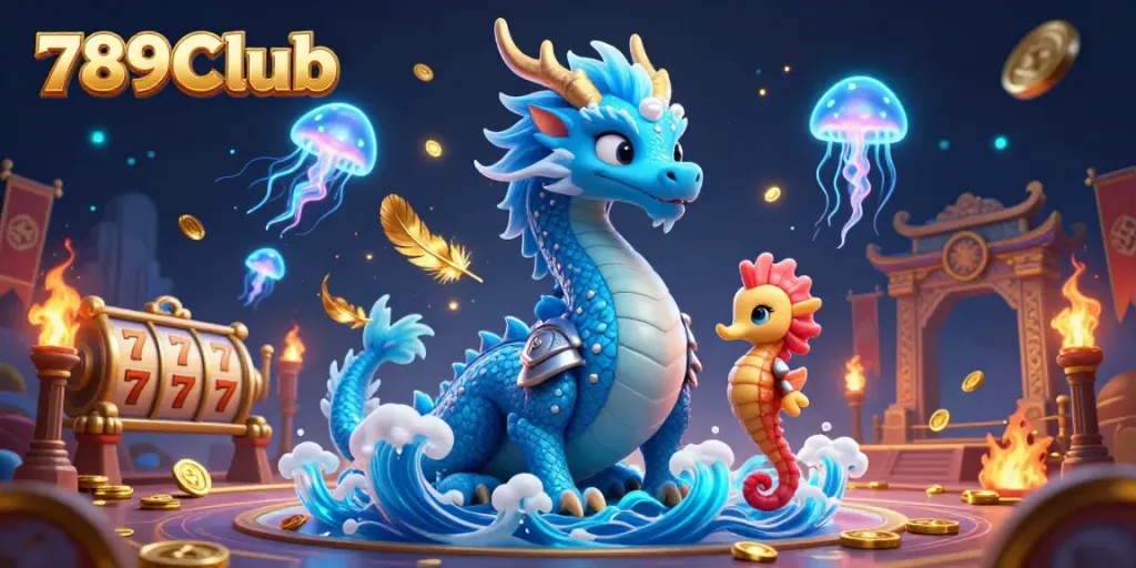 Engage with thrilling games at 789Club's vibrant casino scene featuring a dragon and seahorse knight.