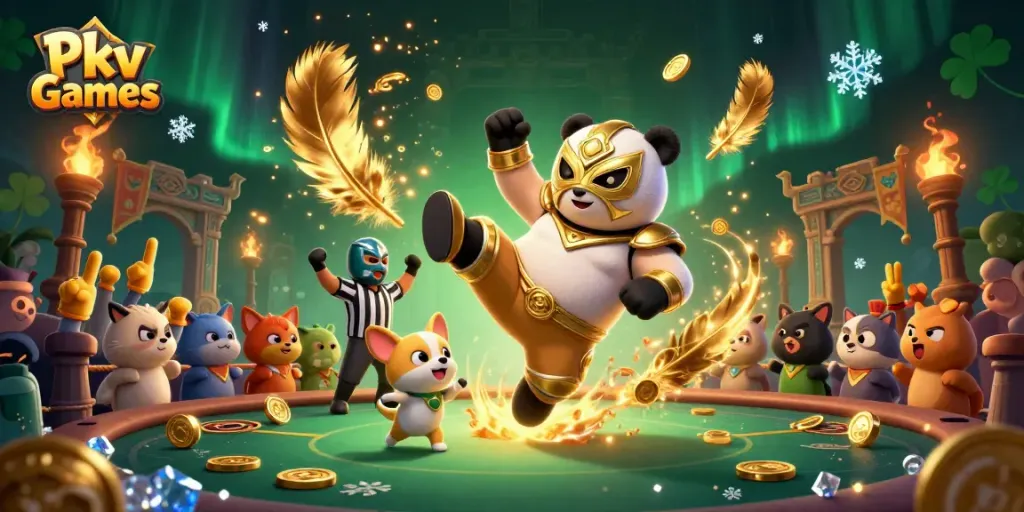 Witness the excitement of Pkv Games with a cartoon panda performing a flying kick amidst a lively animal crowd.