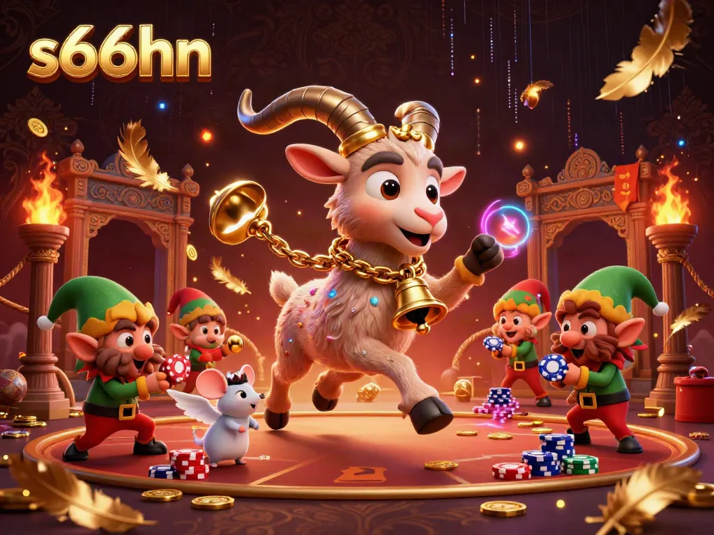 Engage with thrilling gaming action in the festive s666hn casino featuring a Krampus goat, angel mouse, and mischievous gremlins.