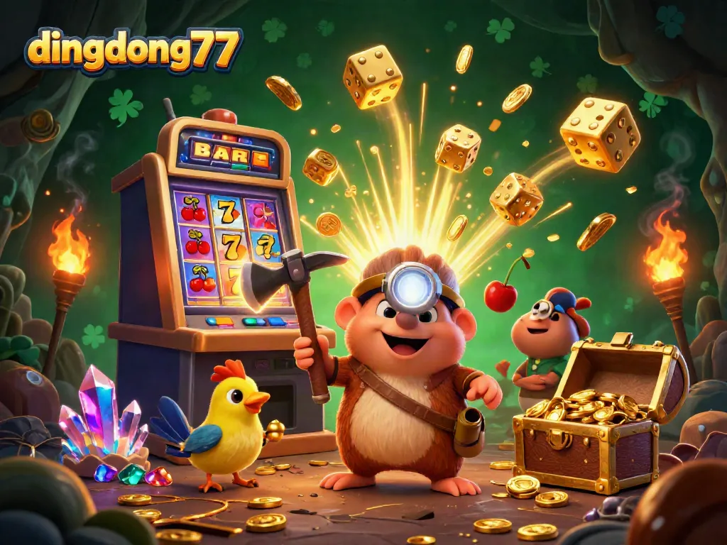 Engage with the exciting world of dingdong77 at the slot machine, featuring a treasure hunter and canary.