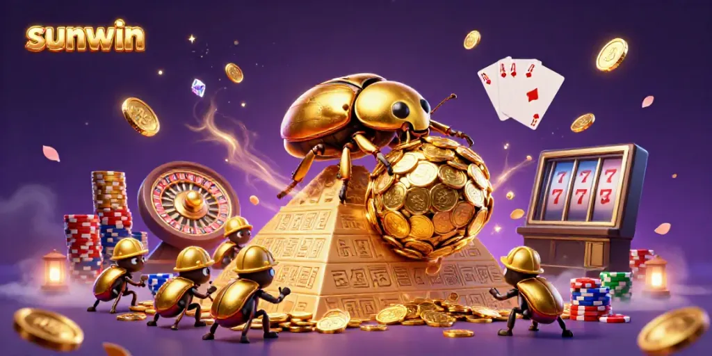 Join the excitement at sunwin with a playful golden beetle rolling coins in a vibrant casino scene.
