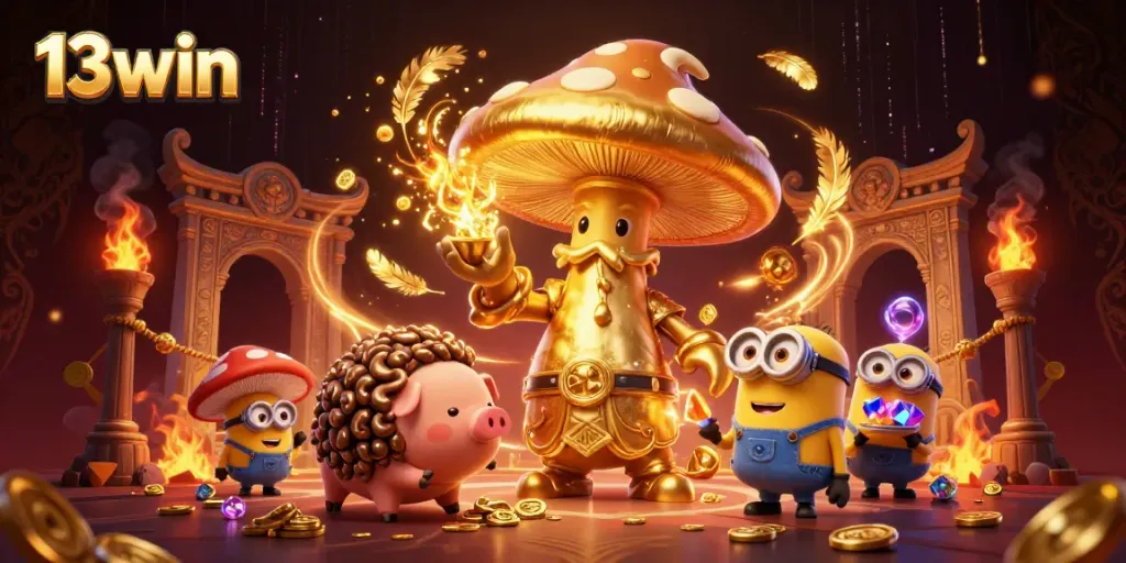 Experience the magic of 13win with a golden mushroom wizard, treasures, and dynamic casino elements.