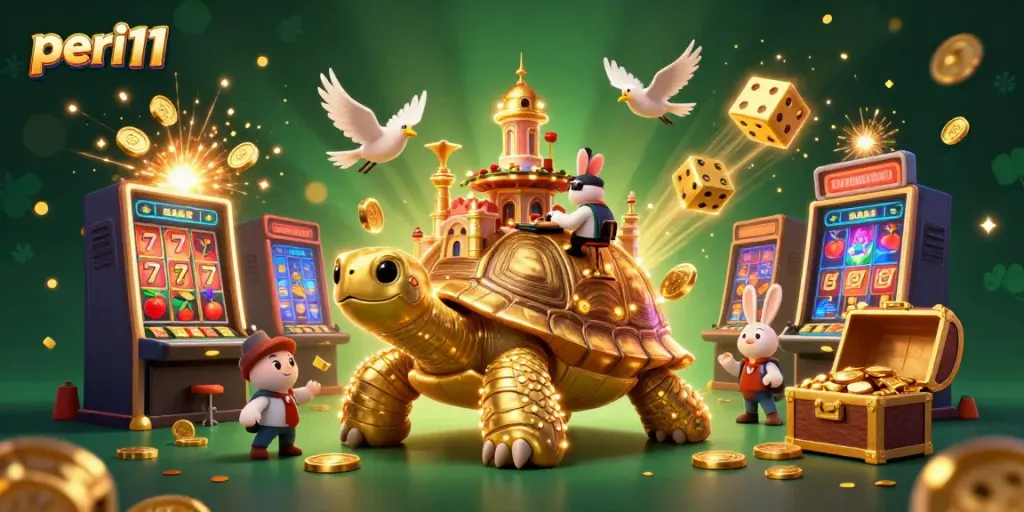 Experience the thrill of peri11 with cartoon tortoise casino, bursting slot machines, and golden coins.