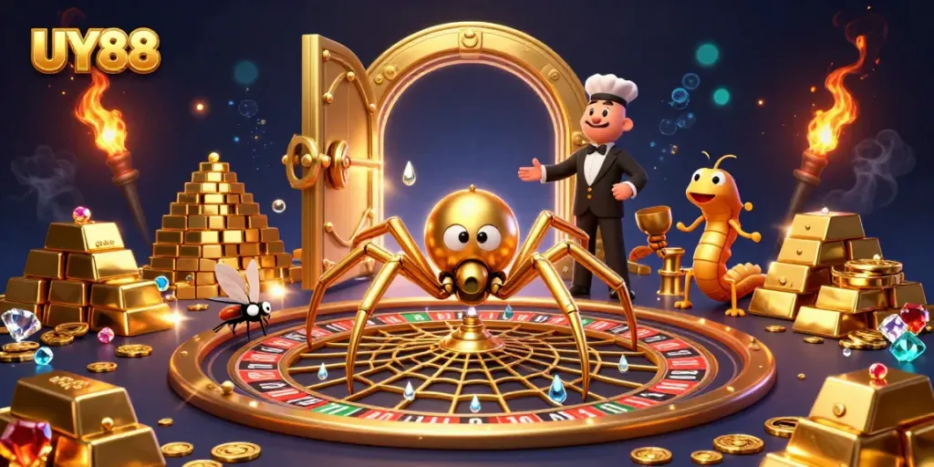 Experience the excitement of UY88 with a whimsical 3D scene of a spider croupier at a roulette wheel, surrounded by treasures.