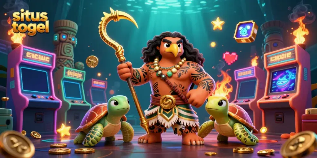 Engaging situs togel scene with cartoon demigod and turtle surrounded by casino elements.