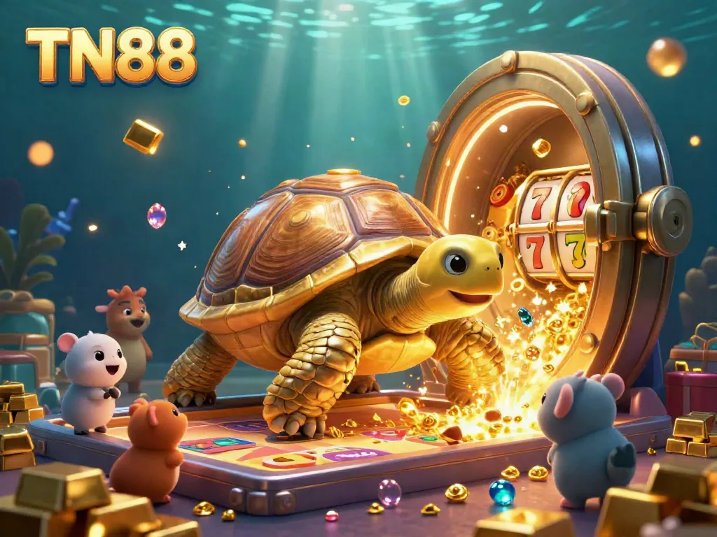 Engage with TN88's thrilling casino experience featuring golden tortoise pinball action and vibrant game elements.