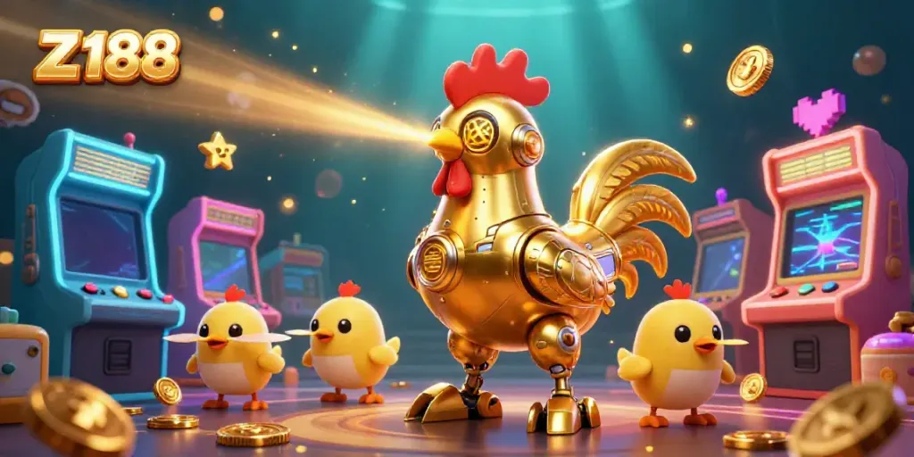 Experience the excitement of Z 188 with a golden robot and baby chicks in a vibrant casino scene.