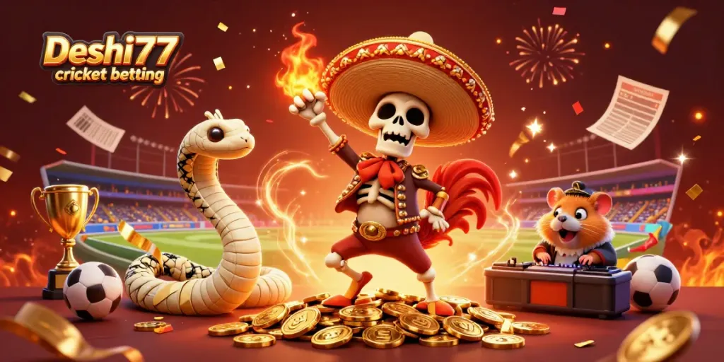 Place winning bets with Deshi777 cricket betting, featuring a lively rooster celebrating on a pile of coins.