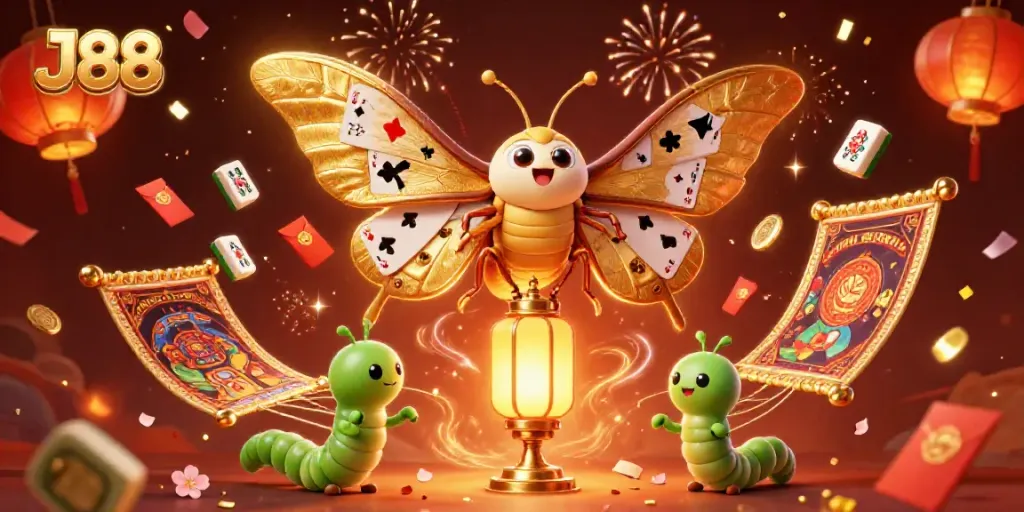 J88 casino illustration featuring an atlas moth with golden wings amidst vibrant gaming elements.