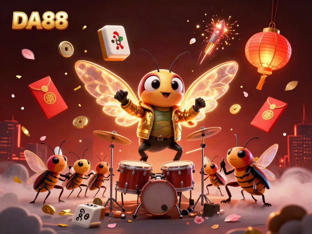 Celebrate winning at DA88 with a vibrant casino scene featuring a cicada rock star and gaming elements.