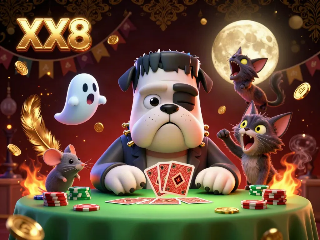 Experience thrilling card games at the spooky XX8 table with unique characters and vibrant casino elements.