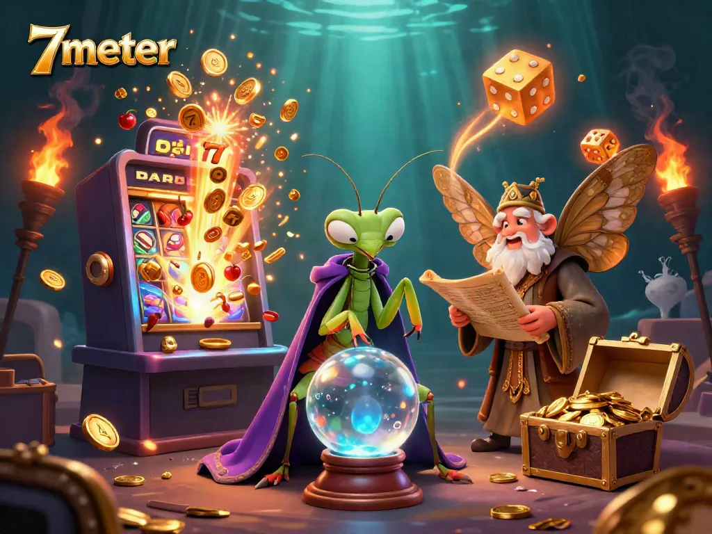 Experience thrilling gameplay with 7meter's vibrant slot machines and mystical elements in this captivating illustration.