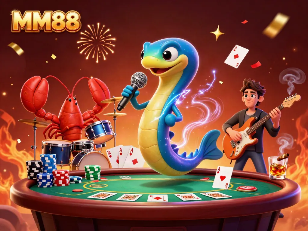 Electric eel DJ performs at MM88's underwater casino with lobster and seahorse band.