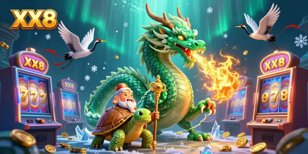Engage with the vibrant casino scene featuring the majestic XX8 dragon and lucky gaming elements.
