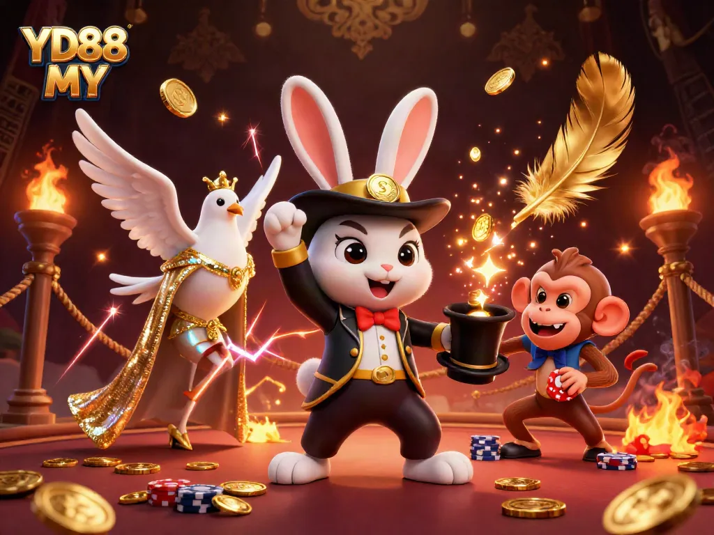 Experience thrilling gameplay with YD88 MY magician rabbit and assistant in magical casino atmosphere.