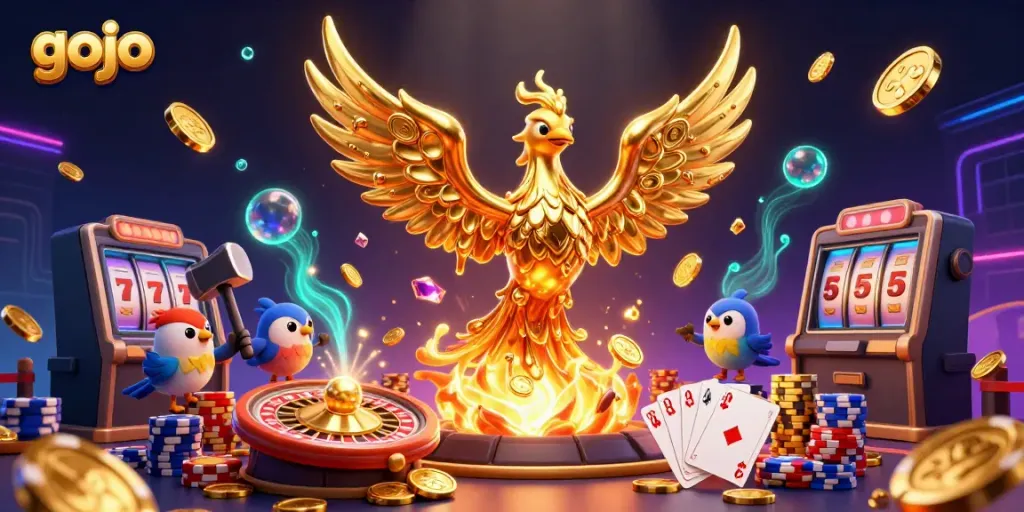 Engage with gojo as a dynamic golden phoenix emerging from a forge, surrounded by vibrant casino elements.