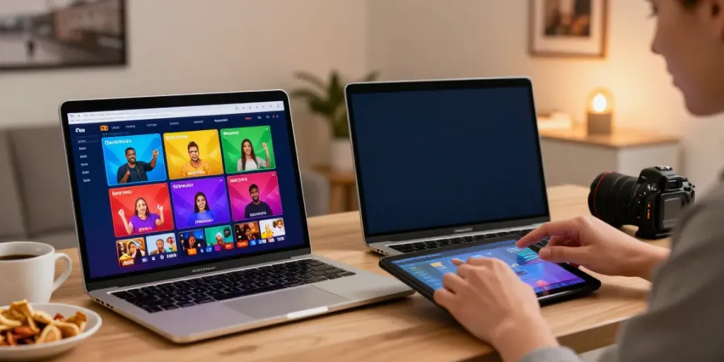 Totobet online gambling platform interface with vibrant game displays, laptop, and smartphone.
