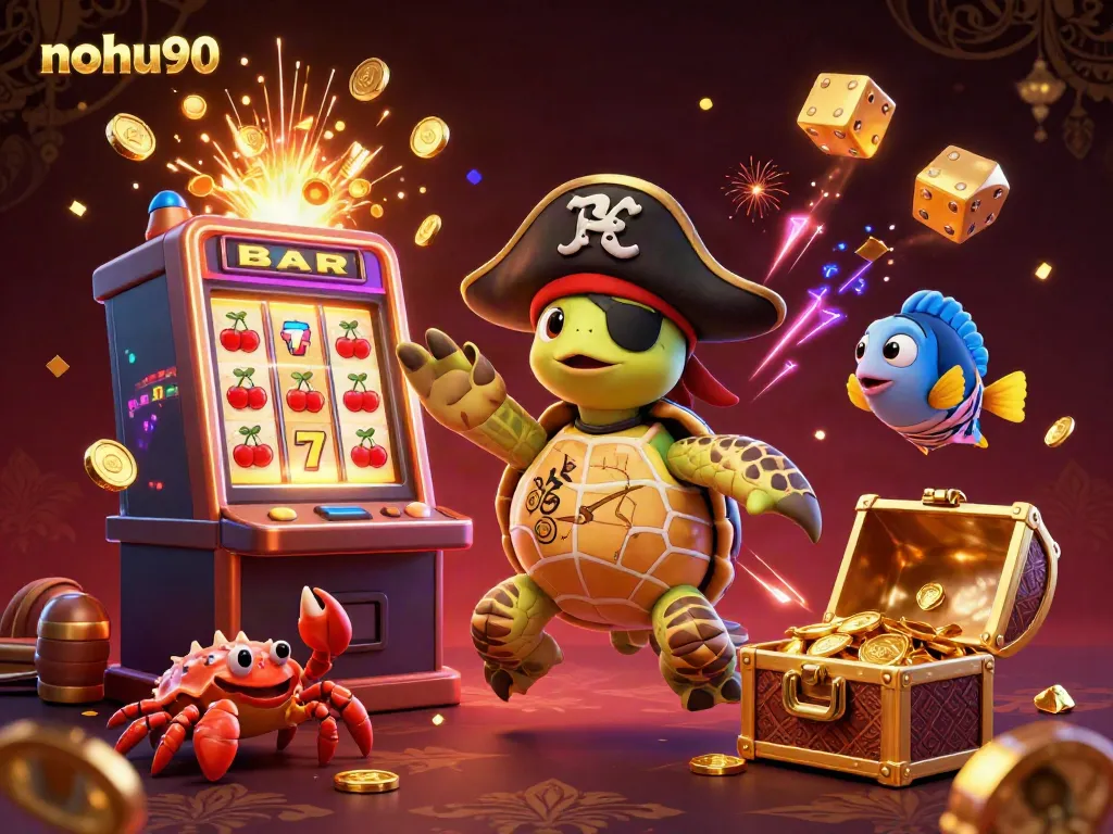 Win big with nohu90 in this vibrant 3D casino scene featuring pirate-themed characters.